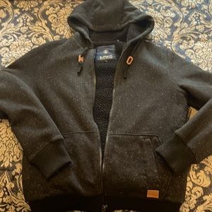 Medium size Buffalo, charcoal colored zip up jacket w hood.